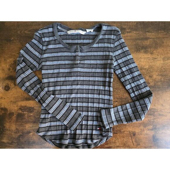 Tommy Hilfiger Y2K Ribbed Stripe Long Sleeve Henley Top M - Picture 1 of 7